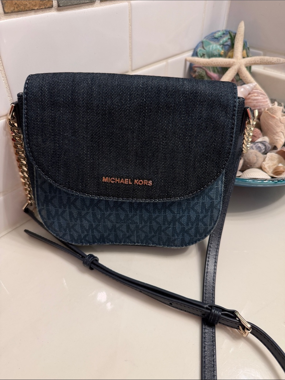 Michael Kors Denim Monogram Crossbody Bag with Gold Chain